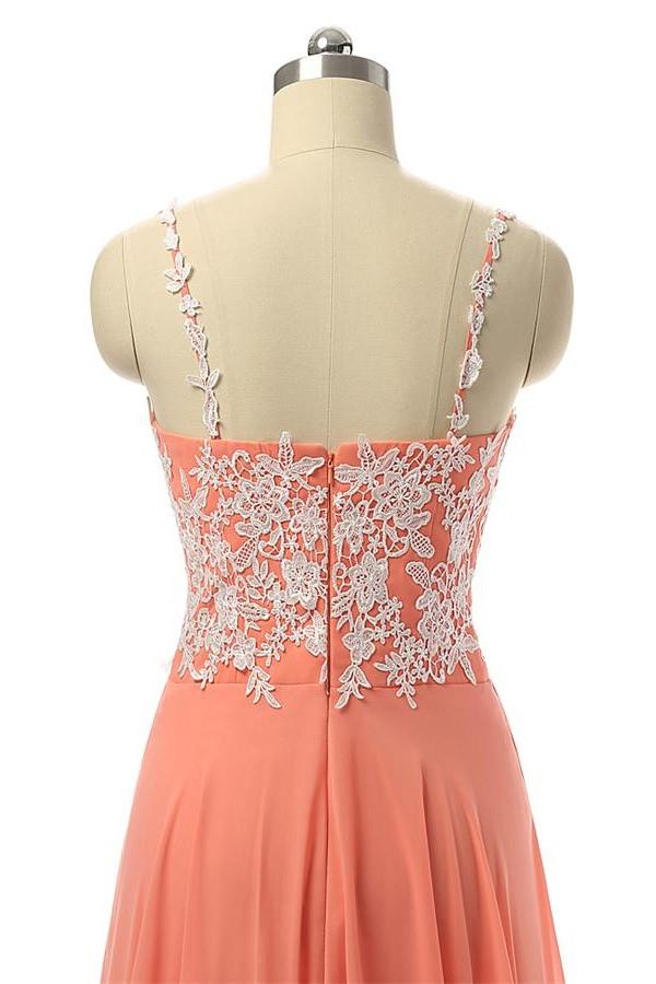 Beautiful Coral Chiffon White Lace Long Prom Dresses With Straps PFP11   Promfast
