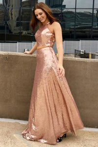 New Arrival Two Piece Sequined Cheap Long A Line Prom Dress PFP0267
