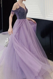 Promfast Elegant Cold Shoulder Beaded Lilac Tulle Long Prom Dress PFP1879