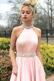 Fashion A-line Pink High Neck Sexy Back Cheap Beading Prom Dress PFP0268
