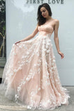 Princess A-Line Sweetheart Blush Pink Tulle Long Prom Dress with Flowers PFP0269
