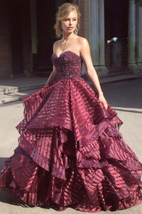 Charming Ball Gown Sweetheart Strapless Burgundy Long Prom Dress with Beading PFP0270