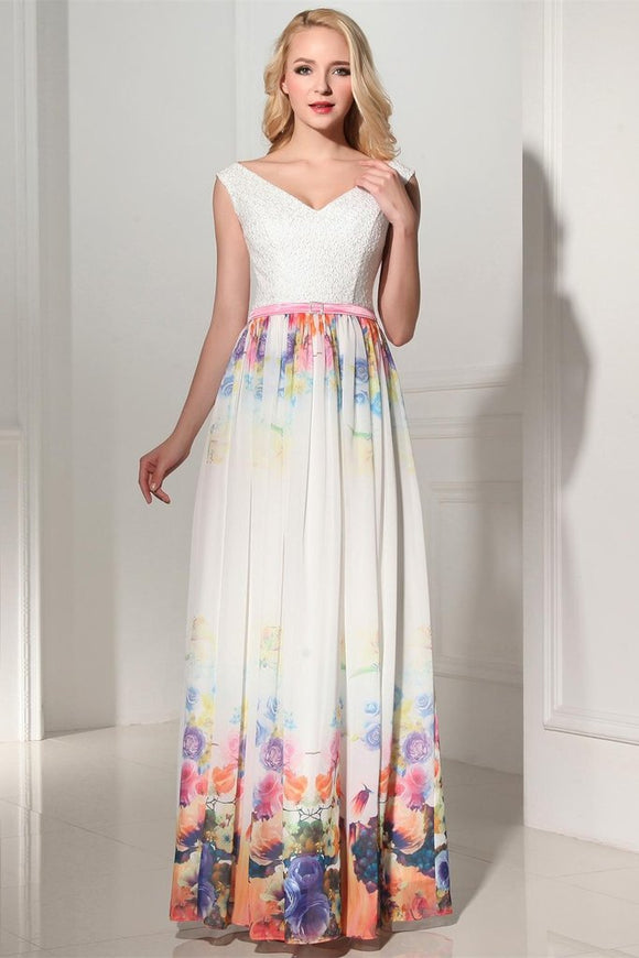 2019 Modest Simple Cheap Printed Long Chiffon V-neck Prom Dresses PFP1184