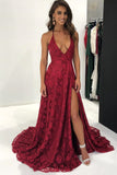 Sexy Halter Burgundy Lace Front Slit V Neck Long Prom Dress PFP0271