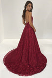 Sexy Halter Burgundy Lace Front Slit V Neck Long Prom Dress PFP0271