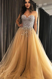Promfast Sweetheart Gold Tulle A Line Prom Evening Dresses with Beading PFP1880
