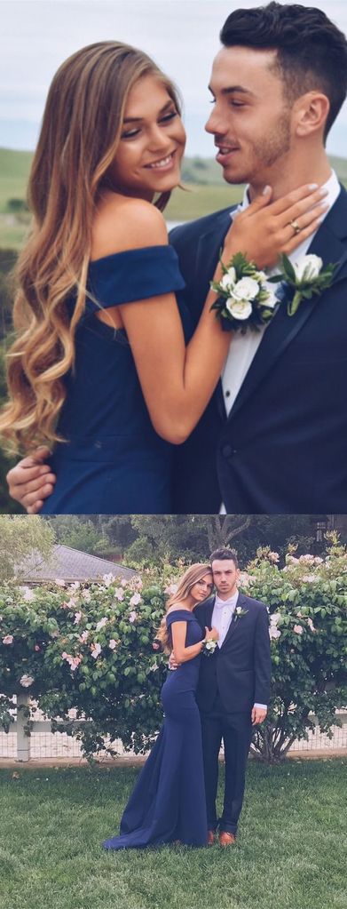 navy blue dress prom couple Elegant Navy Blue Off the Shoulder Mermaid Long Prom Dresses PFP0272 –  Promfast
