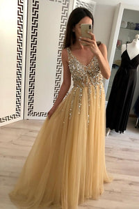 Charming A Line Tulle V Neck Floor Length Prom Dresses Beads Sequins