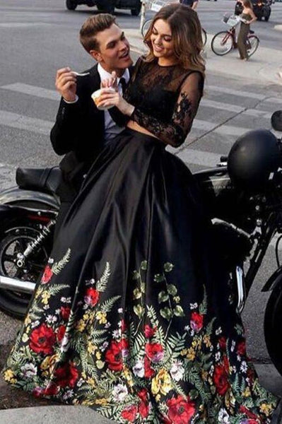 black floral prom dress Two Pieces Dresses A-line Scoop Prom Dress/Evening D SELINADRESS Formal Dresses Two Piece Lace Top Floral