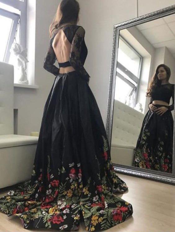 Two Piece Lace Top Floral Black Long Sleeves Satin Prom Dress with App Promfast Two Piece Lace Top Floral Black Long Sleeves Satin Prom Dress with App Promfast