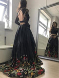 Two Piece Lace Top Floral Black Long Sleeves Satin Prom Dress with Appliques PFP0279