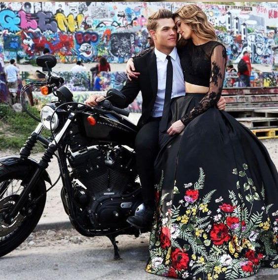 Two Piece Lace Top Floral Black Long Sleeves Satin Prom Dress with App Promfast Two Piece Lace Top Floral Black Long Sleeves Satin Prom Dress with App Promfast