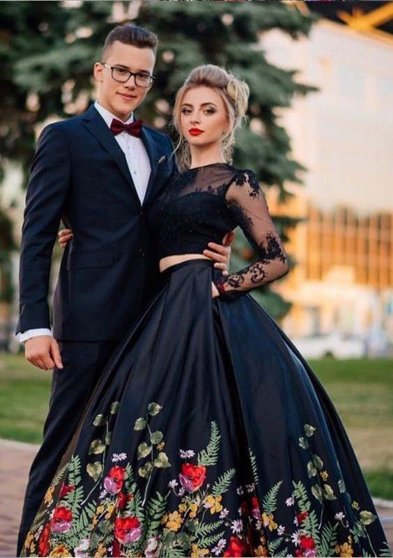 Two Piece Lace Top Floral Black Long Sleeves Satin Prom Dress with App Promfast Two Piece Lace Top Floral Black Long Sleeves Satin Prom Dress with App Promfast