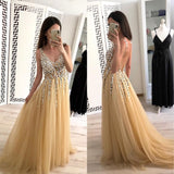 Charming A Line Tulle V Neck Floor Length Prom Dresses Beads Sequins PFP0518