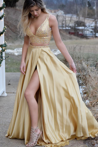 Gorgeous Two Piece Gold Long Beading Prom Dress,Slit Side A Line Evening Dress PFP0280
