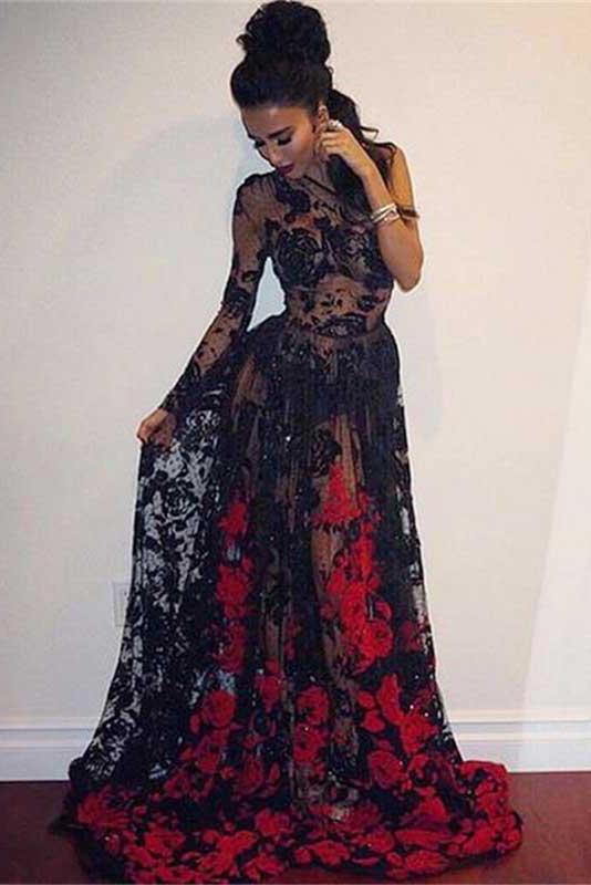 Sexy A-line One Shoulder Floor-length Long Sleeve Black Lace Prom Dres Promfast Sexy A-line One Shoulder Floor-length Long Sleeve Black Lace Prom Dres Promfast