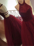 Burgundy Halter Beaded A Line Sleeveless Tulle Long Prom Dress PFP0284