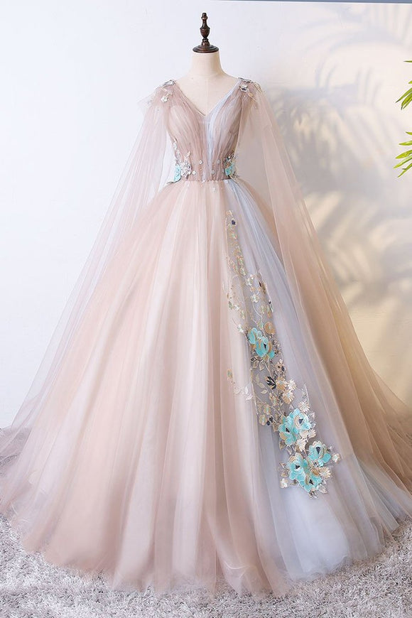 Romantic Tulle V neck Long Evening Dress,Lace Appliques Senior Prom Dress PFP0286