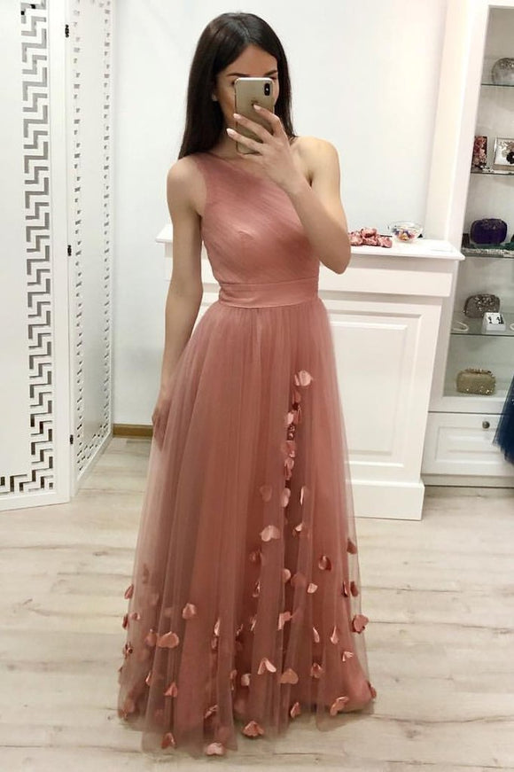 One Shoulder A Line Tulle Floor Length Prom Dresses Cheap Long Evening Dress 