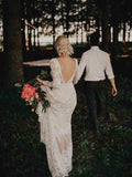 Long Sleeve Ivory Sheath Backless Lace Applique Long Boho Wedding Dress PFW0017