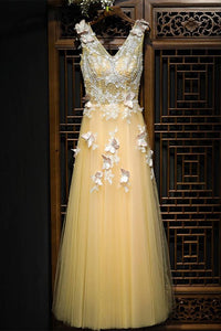 Charming Flowy Long Tulle V Neck Prom Dress With Lace Butterflies PFP0287