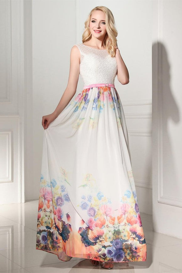2019 Pretty Long Cap Sleeves Printed Chiffon Charming Prom Dresses PFP1190
