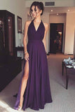 Elegant V Neck Purple Chiffon A Line Long Prom Dress with Slit PFP0288