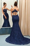 Unique Navy Blue Lace See-through Round Neck Mermaid Floor-length Prom Dress PFP0290