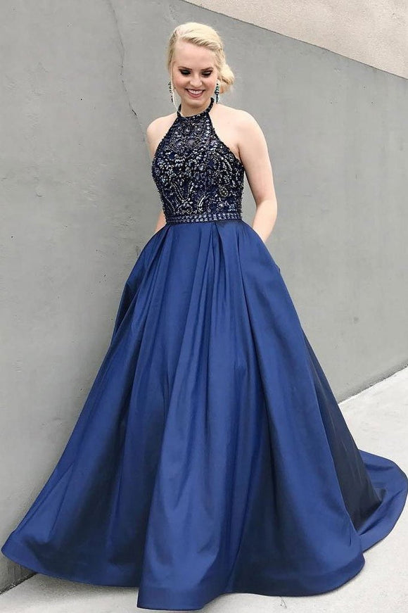 Charming Beaded Blue Prom Dresses,Long Evening Dress With Pockets PFP0291