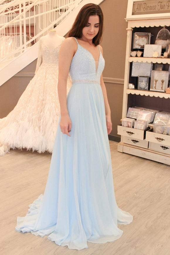 Gorgeous Straps Light Sky Blue Chiffon A Line Long Prom Dress PFP0292