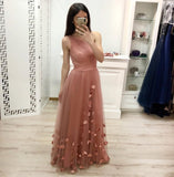 One Shoulder A Line Tulle Floor Length Prom Dresses Cheap Long Evening Dress PFP0519