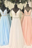 Gorgeous Straps Light Sky Blue Chiffon A Line Long Prom Dress PFP0292