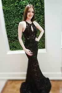 Sexy Black Lace Mermaid Long Sleeveless Keyhole Prom Dress with Open Back PFP0293