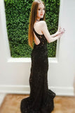 Sexy Black Lace Mermaid Long Sleeveless Keyhole Prom Dress with Open Back PFP0293