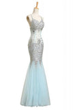 Sequin Shiny Baby Blue Mermaid Long Backless Prom Evening Dresses PFP1196