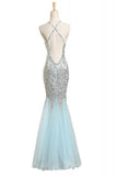 Sequin Shiny Baby Blue Mermaid Long Backless Prom Evening Dresses PFP1196