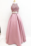 Gorgeous Two Piece Beading Pink Satin A Line Long Prom Dress PFP0295
