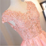 Blush Pink A Line Cap Sleeves Appliques Beaded Long Prom Dresses PFP0458