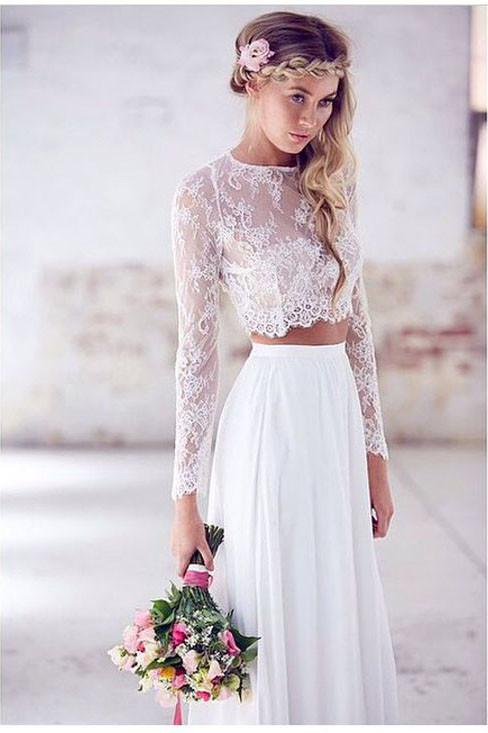 Two Pieces Long Sleeves Lace Beach Wedding/Bridal Dresses,Elegant White Sexy Wedding Gown PFW0238