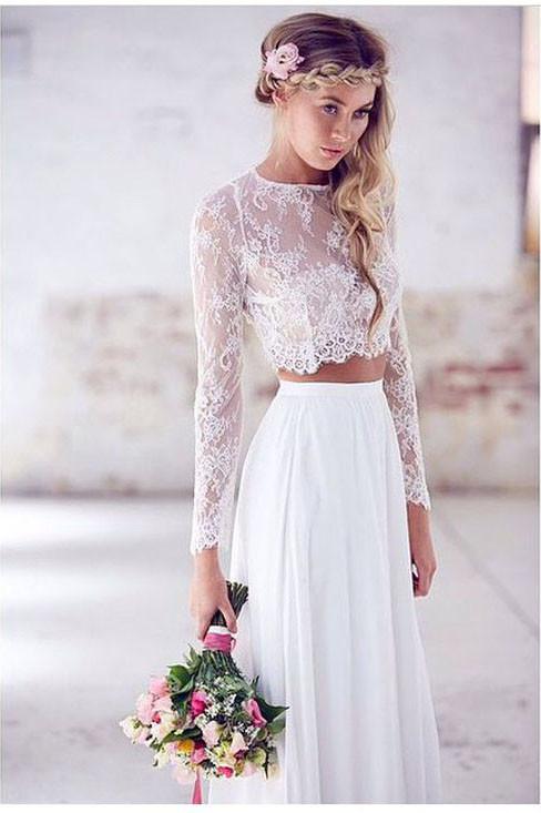 Crop Top Lace Top Flowy Bottom Wedding Dress Two Piece Wedding
