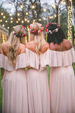 Simple Pink Off the Shoulder Pink Ruffles Long Bridesmaid Dresses PFB0003
