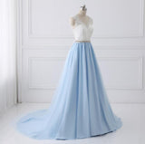 Sky Blue Long V Neck Evening Dress with Beaded Belt,Lace Top Long Prom Dress PFP0296