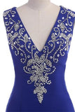 Long Royal Blue V-neck Zipper Back Prom Dresses PFP1197