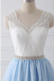 Sky Blue Long V Neck Evening Dress with Beaded Belt,Lace Top Long Prom Dress PFP0296