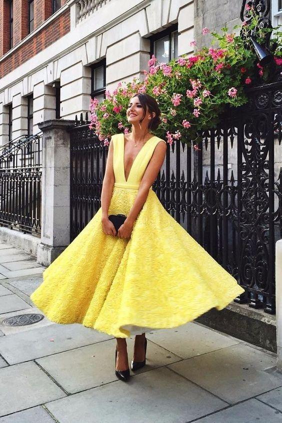 yellow dresses for homecoming Yellow Lace A Line Deep V Neck Prom Dress,Homecoming Dresses PFP0299 – Promfast