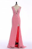Charming Lace Mermaid Font Split Long V-neck Prom Dresses PFP1201
