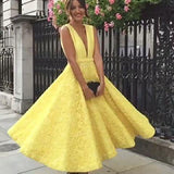 Yellow Lace A Line Deep V Neck Prom Dress,Homecoming Dresses PFP0299