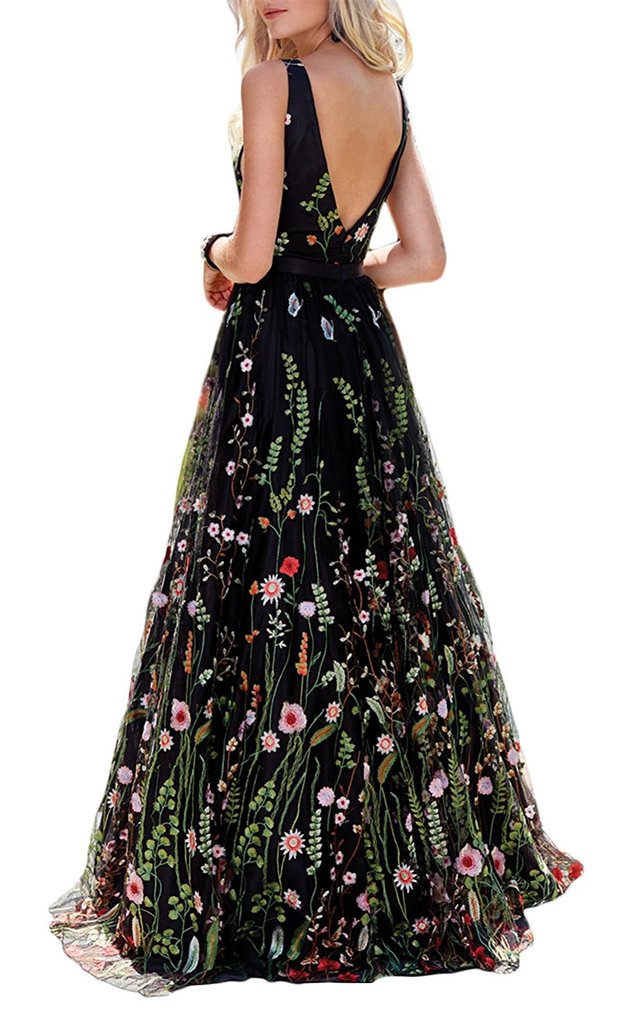 Princess Black Floral V Neck A Line Long Prom Dress,Graduation Dresses Promfast Princess Black Floral V Neck A Line Long Prom Dress,Graduation Dresses Promfast