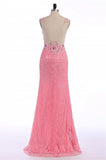 Charming Lace Mermaid Font Split Long V-neck Prom Dresses PFP1201