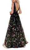 Princess Black Floral V Neck A Line Long Prom Dress,Graduation Dresses PFP0300